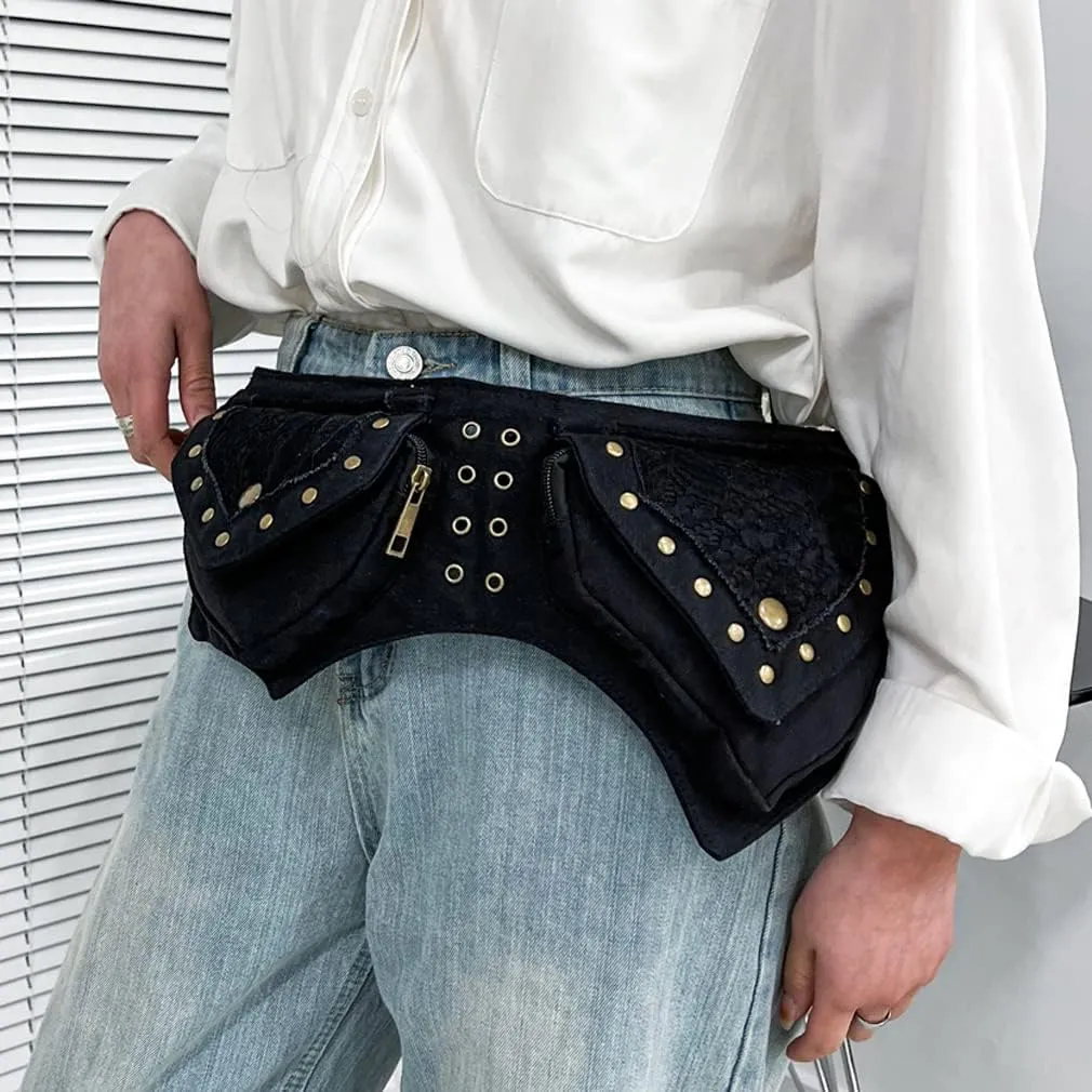 KPYWZER Cotton Fanny Pack for Women Bum Waist Bag Renaissance Faire Festival Lace Hip Belt Money Bag Womens Travel Outdoors Sports Workout Travelling Black