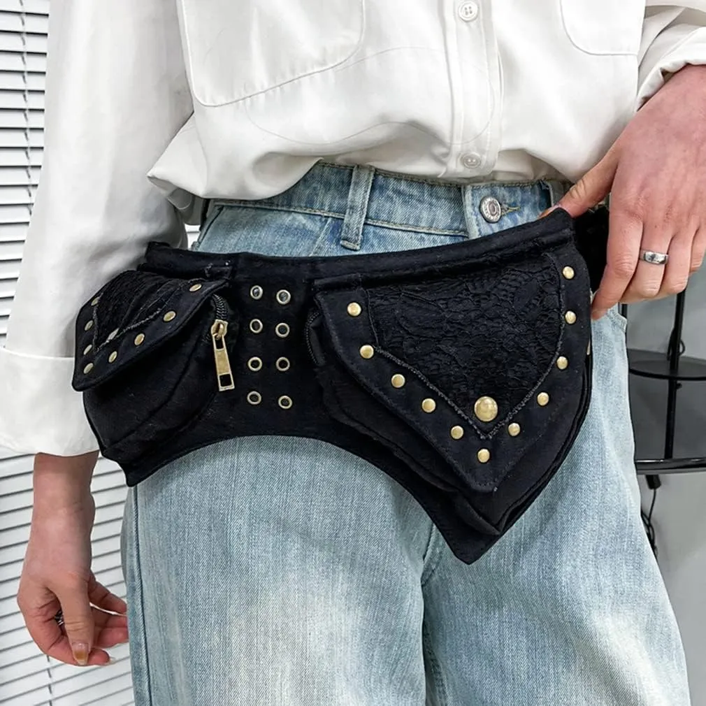 KPYWZER Cotton Fanny Pack for Women Bum Waist Bag Renaissance Faire Festival Lace Hip Belt Money Bag Womens Travel Outdoors Sports Workout Travelling Black