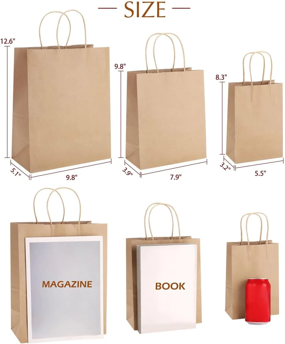 Kslong 45 Pack Brown Kraft Gift Bags with Handles, Natural Plain Kraft Paper Shopping Bags Bulk for Retail Business, Grocery, Merchandise, Craft, Birthday, Wedding, Party Favors in 3 Sizes
