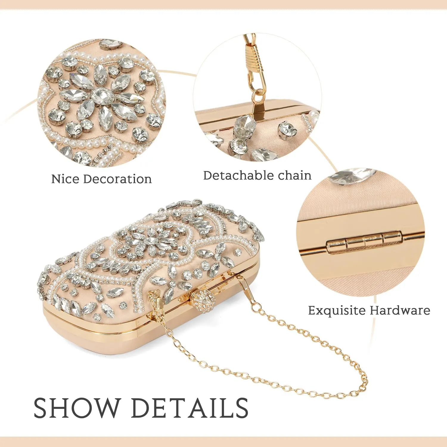 KUANG! Women Beaded Clutch Evening Bag Fashion Rhinestone Diamond Wedding Handbag Bridal Purse for Party
