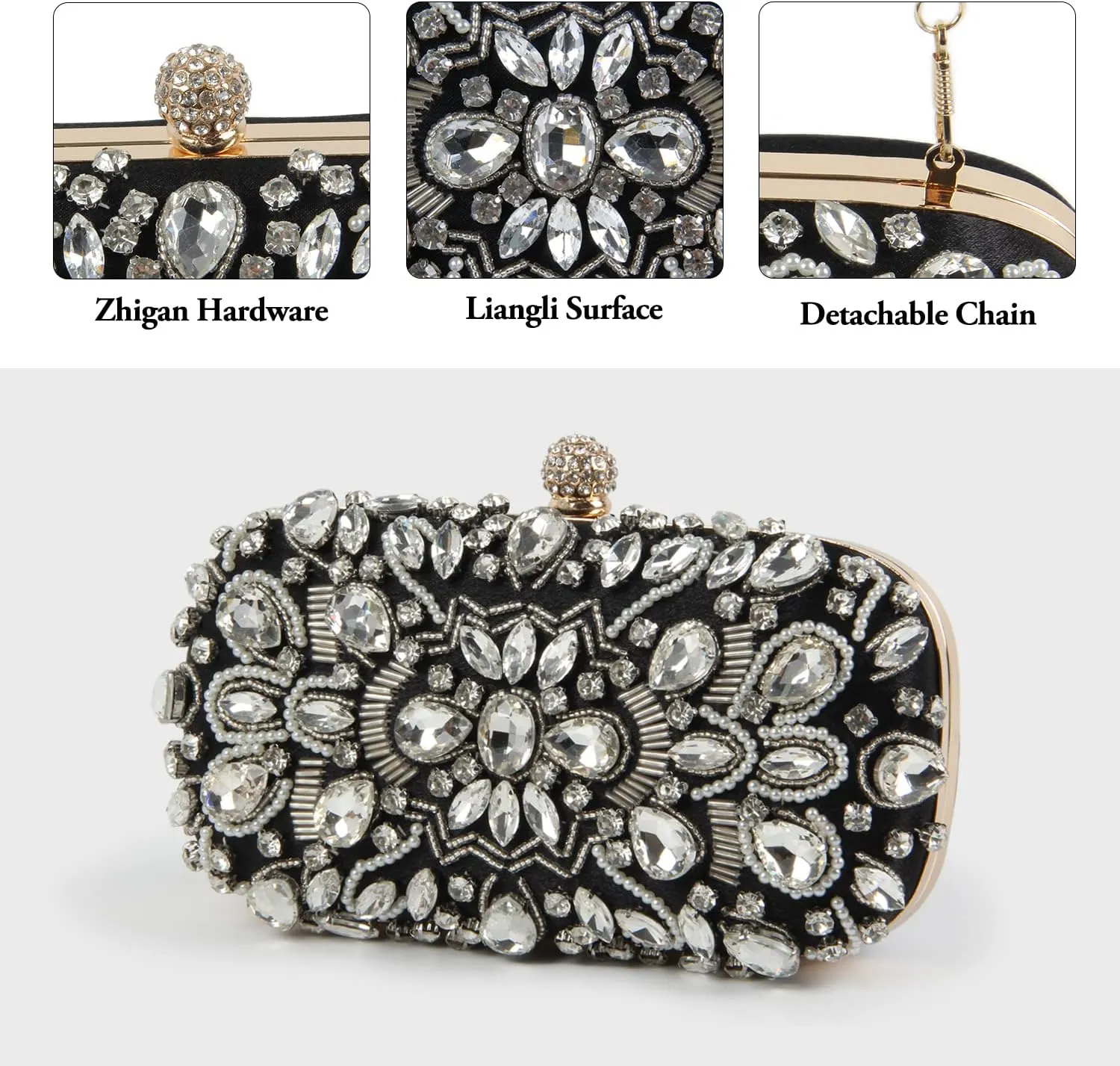 KUANG! Women Beaded Clutch Evening Bag Fashion Rhinestone Diamond Wedding Handbag Bridal Purse for Party