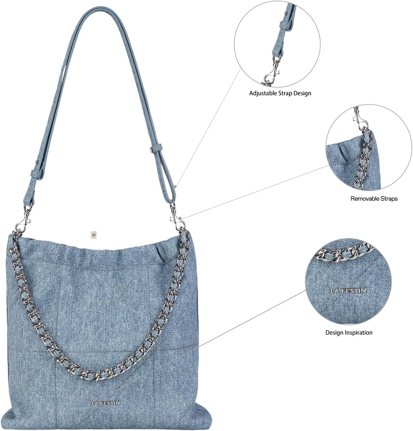 LA FESTIN Split Leather Shoulder Bag for Women with Adjustable Strap, Chain Detail, Elegant Women's Crossbody Handbags
