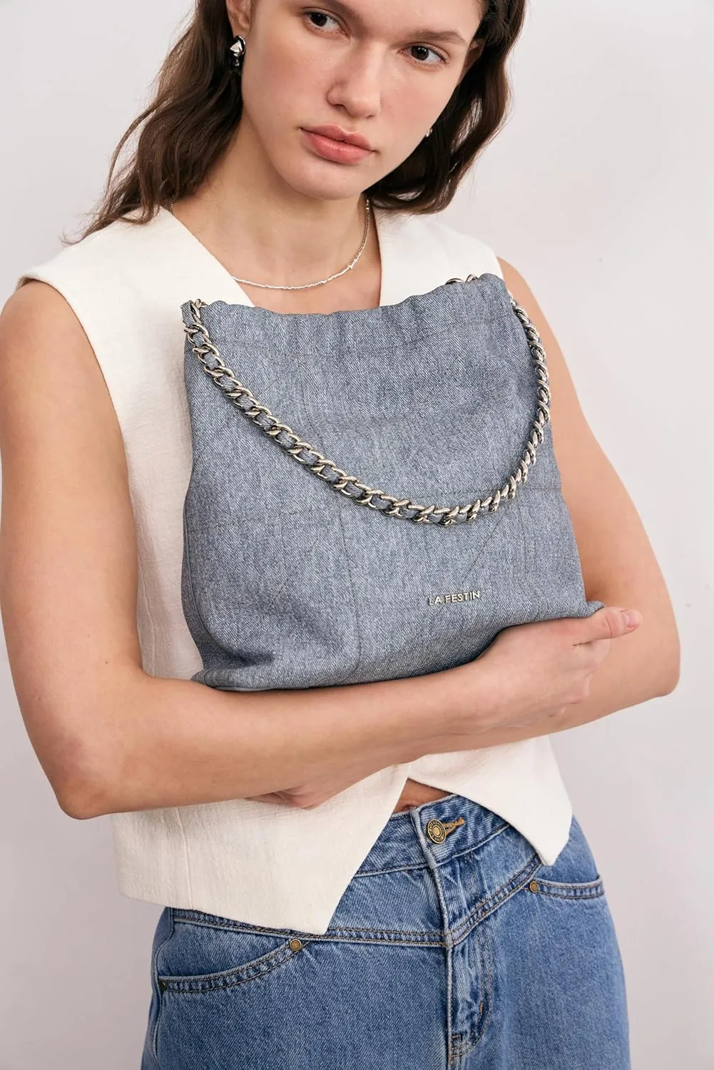 LA FESTIN Split Leather Shoulder Bag for Women with Adjustable Strap, Chain Detail, Elegant Women's Crossbody Handbags