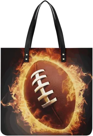 Ladies Soft Leather Wallet Leather Printed Handbags for Women Flaming American Football Printed Satchel Tote Fashion Shoulder Bag Purses