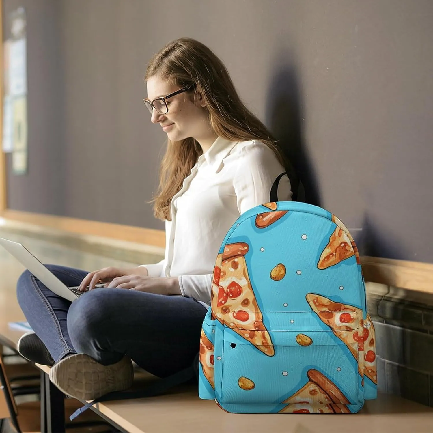 Laptop Backpack for Women Men Daypack Waterproof Light Blue Pizza Slice Computer Bag Business Work Bag for Travel