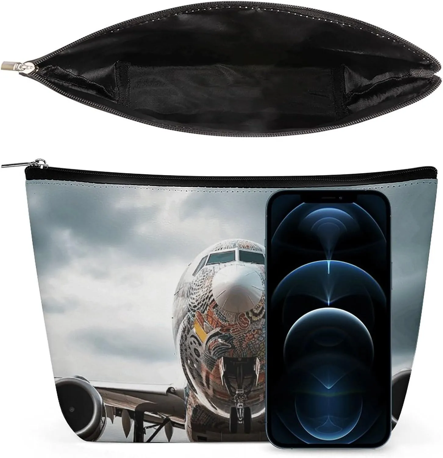 Large Capacity Makeup Bags for Women Portable Leather with Zipper Travelling Makeup Bag Airplane Art Printed