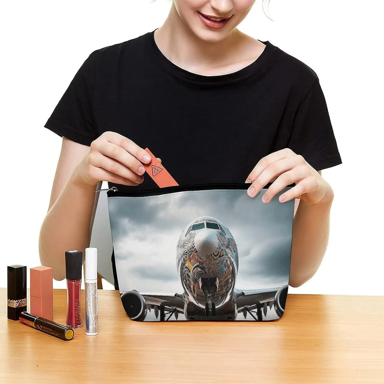 Large Capacity Makeup Bags for Women Portable Leather with Zipper Travelling Makeup Bag Airplane Art Printed