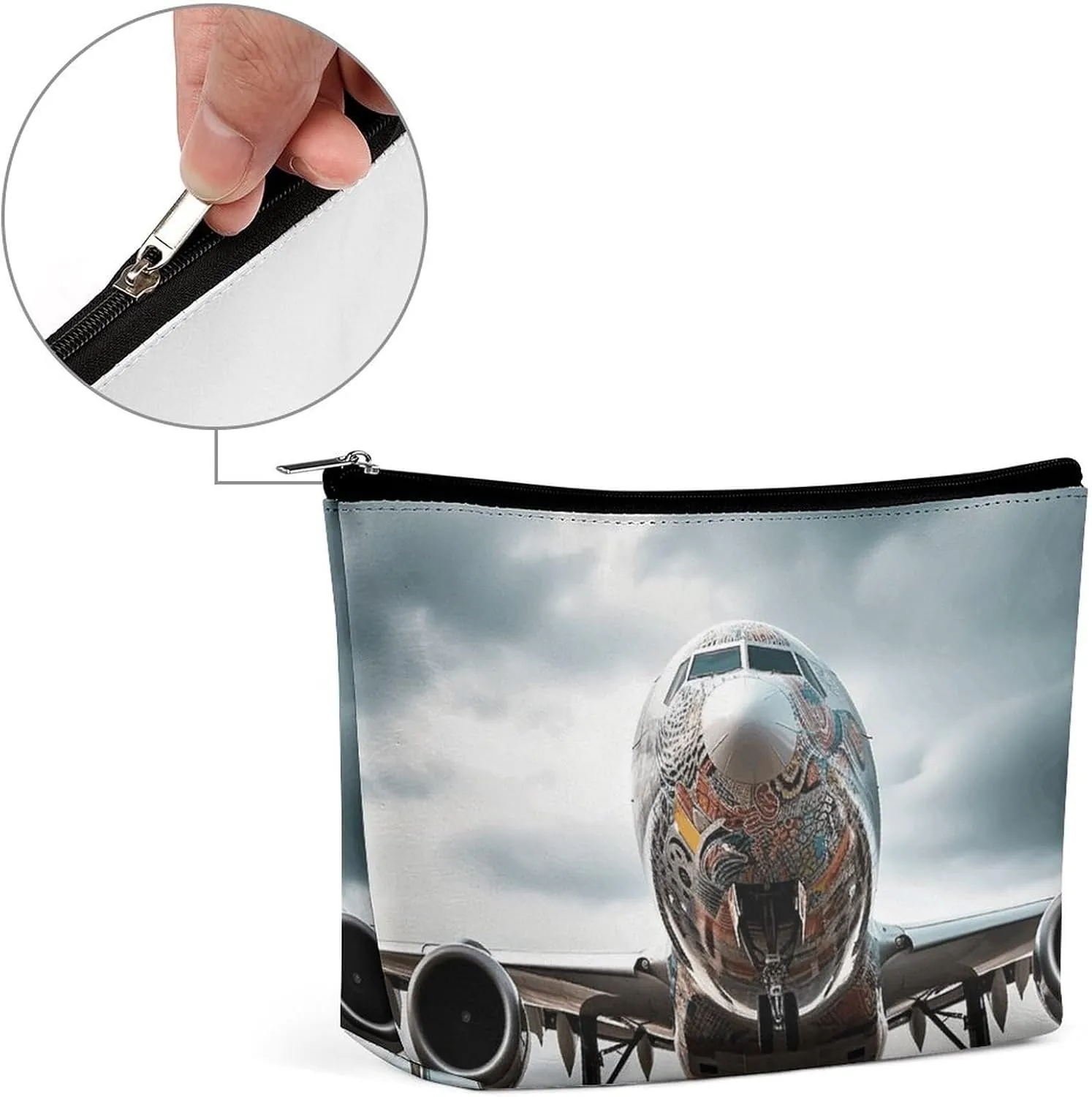 Large Capacity Makeup Bags for Women Portable Leather with Zipper Travelling Makeup Bag Airplane Art Printed