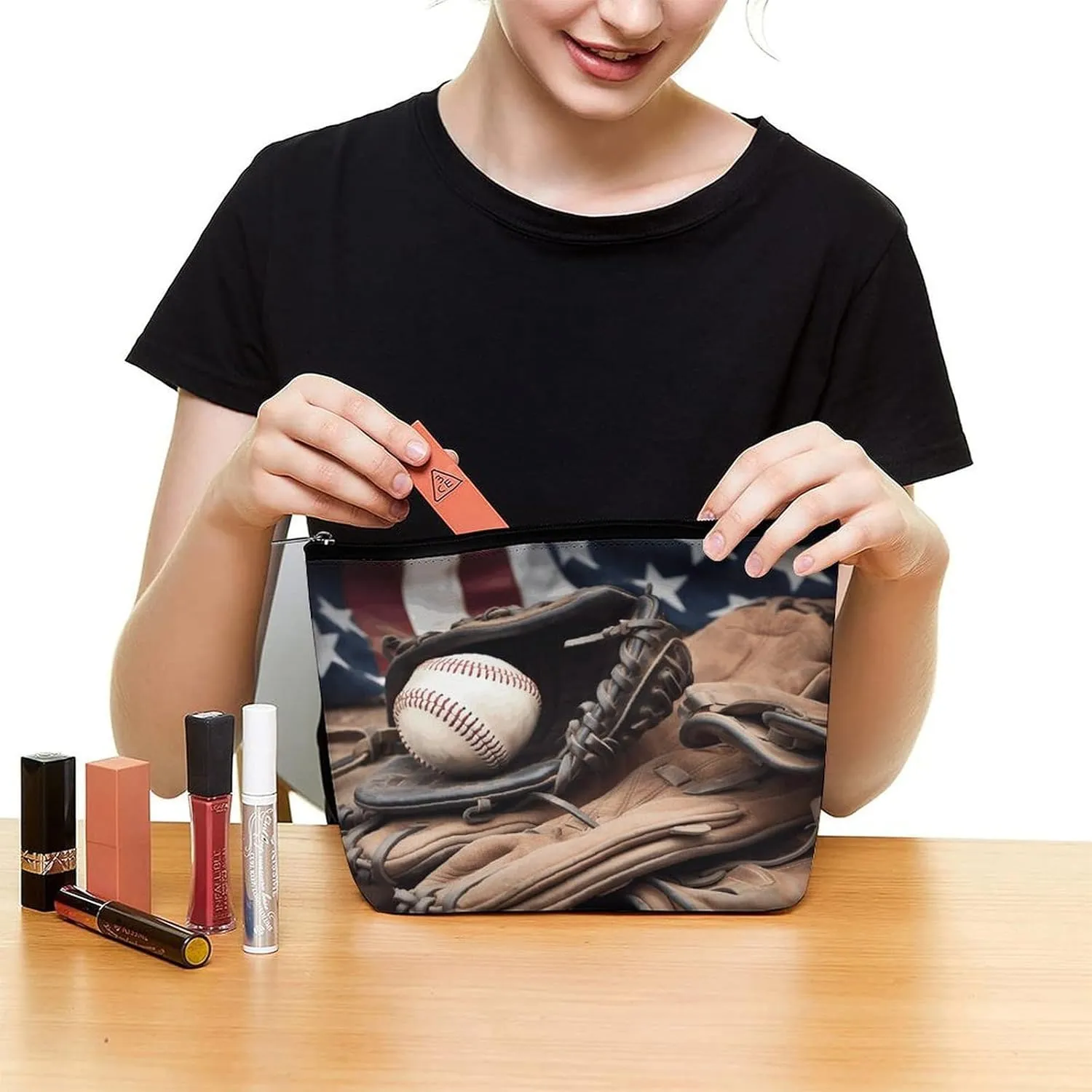 Large Capacity Makeup Bags for Women Portable Leather with Zipper Travelling Makeup Bag Baseball Equipment Printed