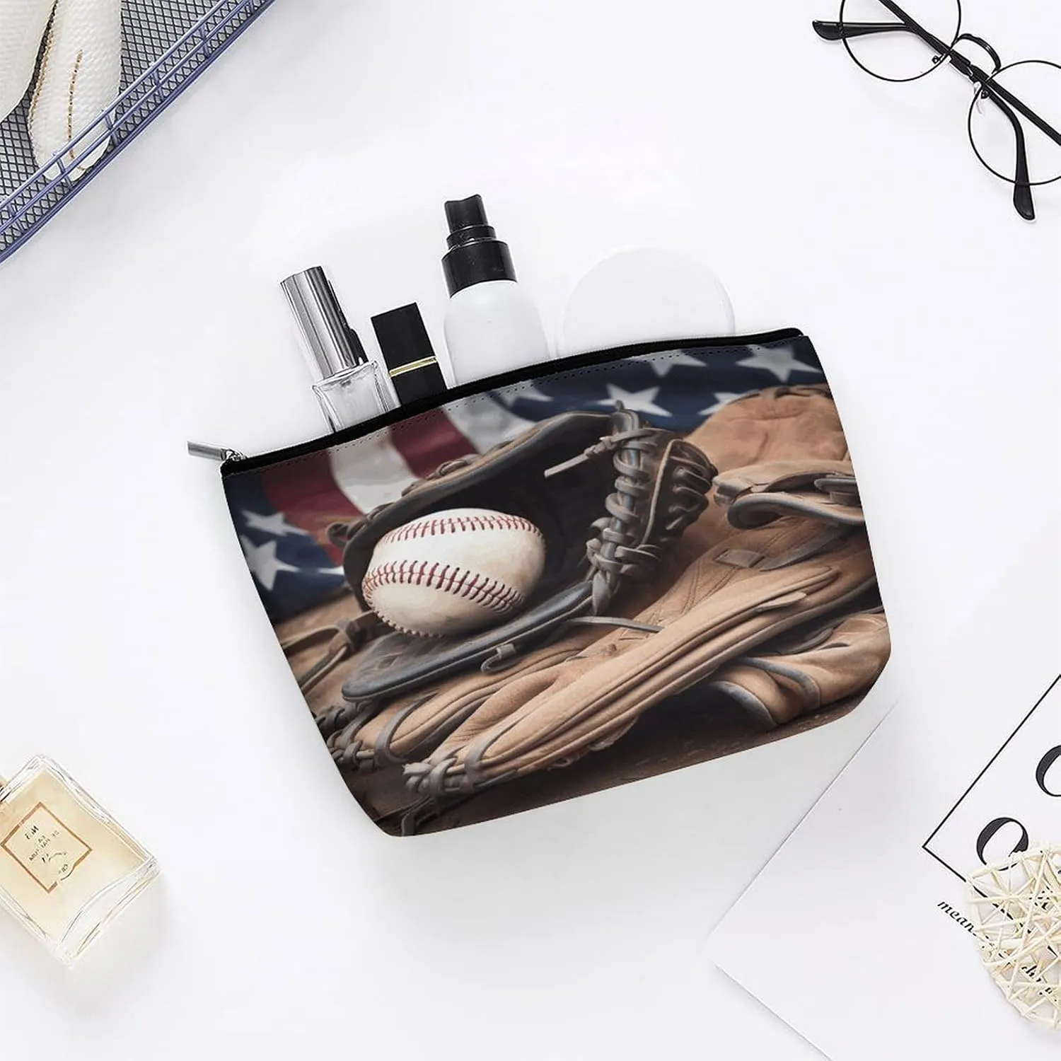 Large Capacity Makeup Bags for Women Portable Leather with Zipper Travelling Makeup Bag Baseball Equipment Printed