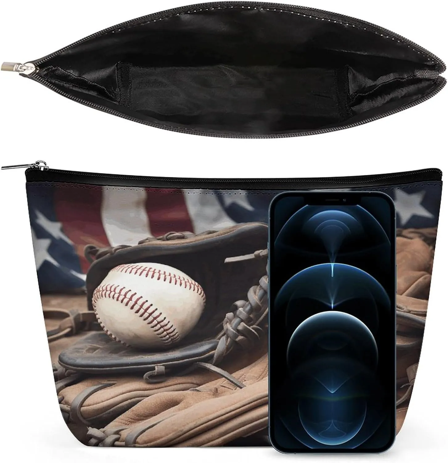 Large Capacity Makeup Bags for Women Portable Leather with Zipper Travelling Makeup Bag Baseball Equipment Printed