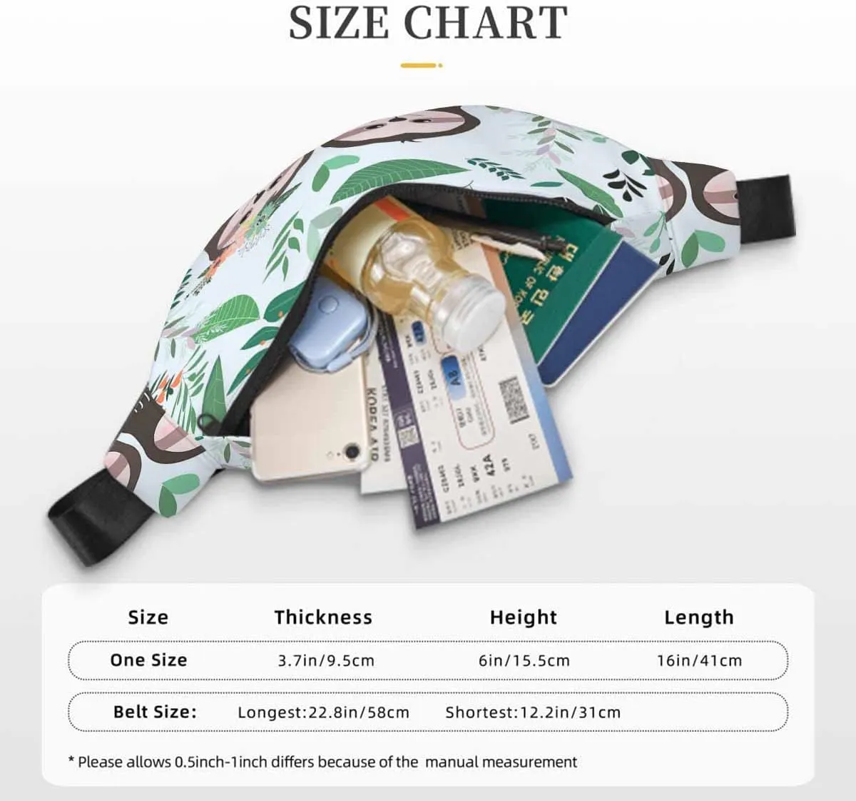 Large Crossbody Bag Waistpack Cute Sloth Couple Stand Tropical Botanical Flourish Trees Leisure Sports Fanny Pack Zipper Bag for Running, Travel