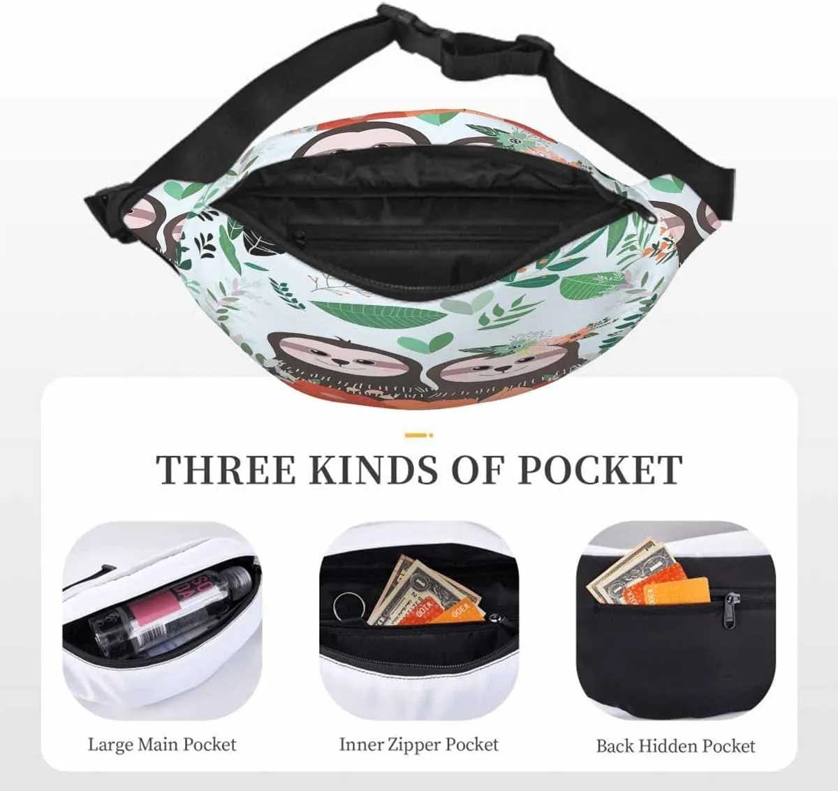 Large Crossbody Bag Waistpack Cute Sloth Couple Stand Tropical Botanical Flourish Trees Leisure Sports Fanny Pack Zipper Bag for Running, Travel