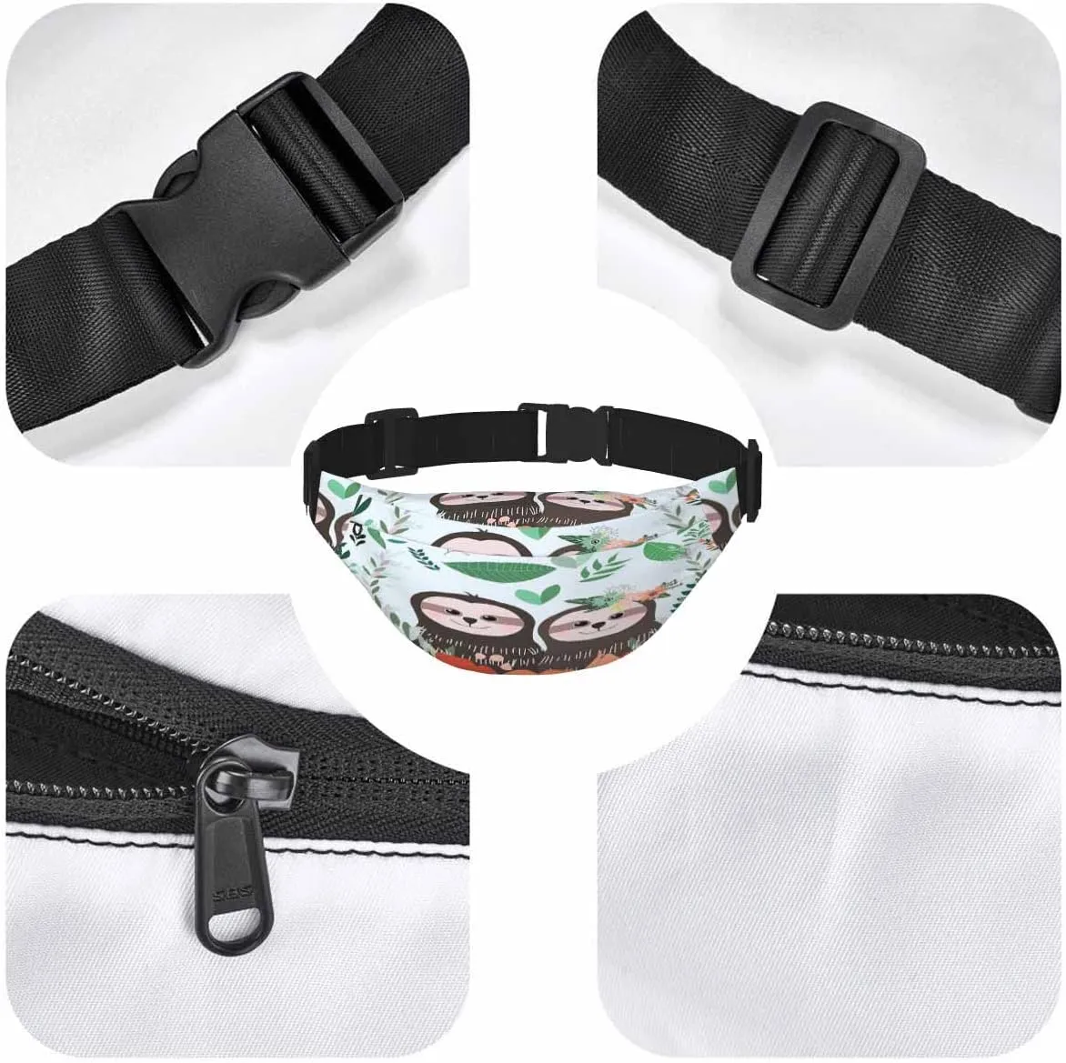 Large Crossbody Bag Waistpack Cute Sloth Couple Stand Tropical Botanical Flourish Trees Leisure Sports Fanny Pack Zipper Bag for Running, Travel