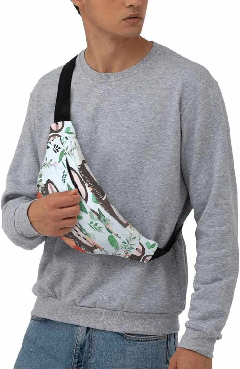 Large Crossbody Bag Waistpack Cute Sloth Couple Stand Tropical Botanical Flourish Trees Leisure Sports Fanny Pack Zipper Bag for Running, Travel