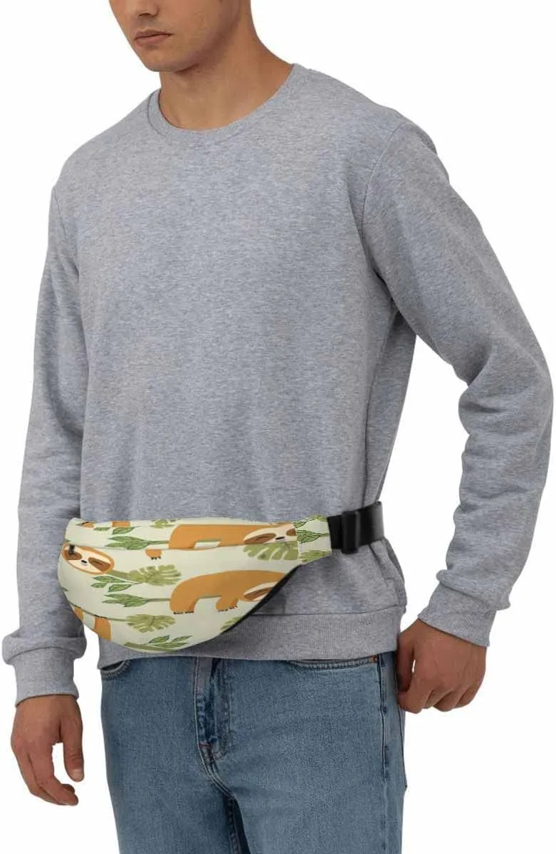 Large Crossbody Bag Waistpack Cute Sloths Hung Branch Trees Smile Playing Leaf Leisure Sports Fanny Pack Zipper Bag for Running, Travel