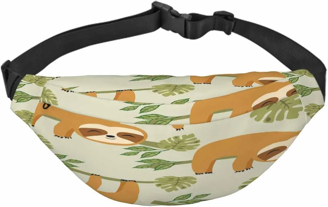 Large Crossbody Bag Waistpack Cute Sloths Hung Branch Trees Smile Playing Leaf Leisure Sports Fanny Pack Zipper Bag for Running, Travel