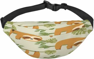 Large Crossbody Bag Waistpack Cute Sloths Hung Branch Trees Smile Playing Leaf Leisure Sports Fanny Pack Zipper Bag for Running, Travel