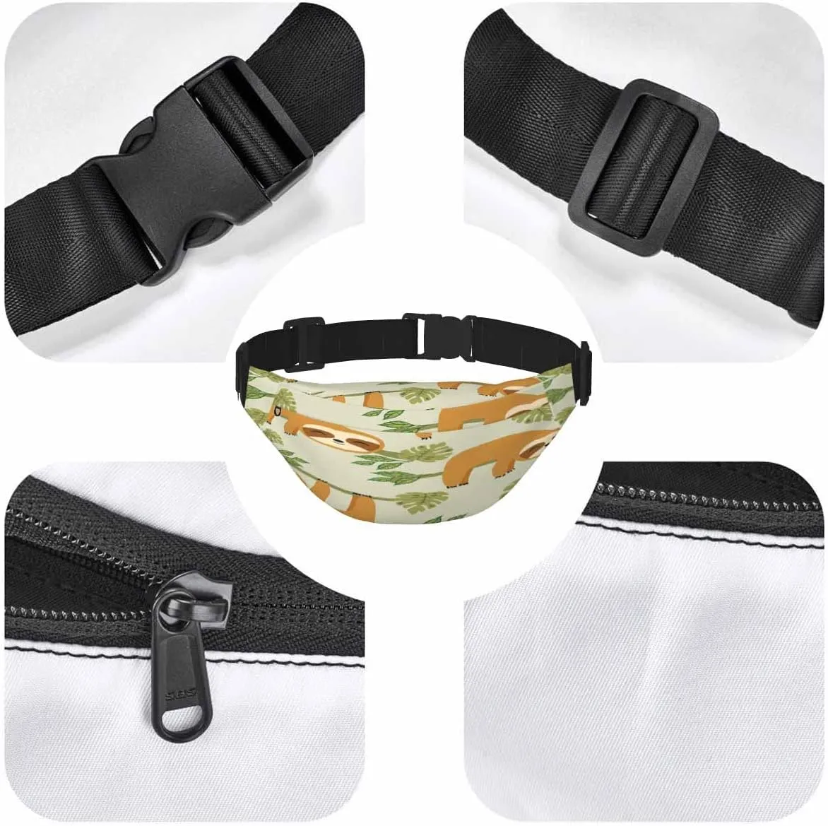 Large Crossbody Bag Waistpack Cute Sloths Hung Branch Trees Smile Playing Leaf Leisure Sports Fanny Pack Zipper Bag for Running, Travel