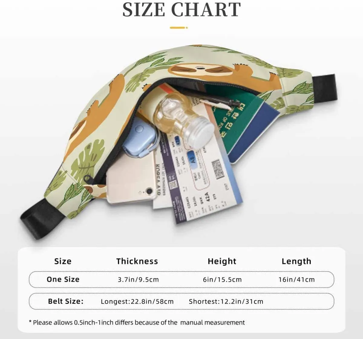 Large Crossbody Bag Waistpack Cute Sloths Hung Branch Trees Smile Playing Leaf Leisure Sports Fanny Pack Zipper Bag for Running, Travel