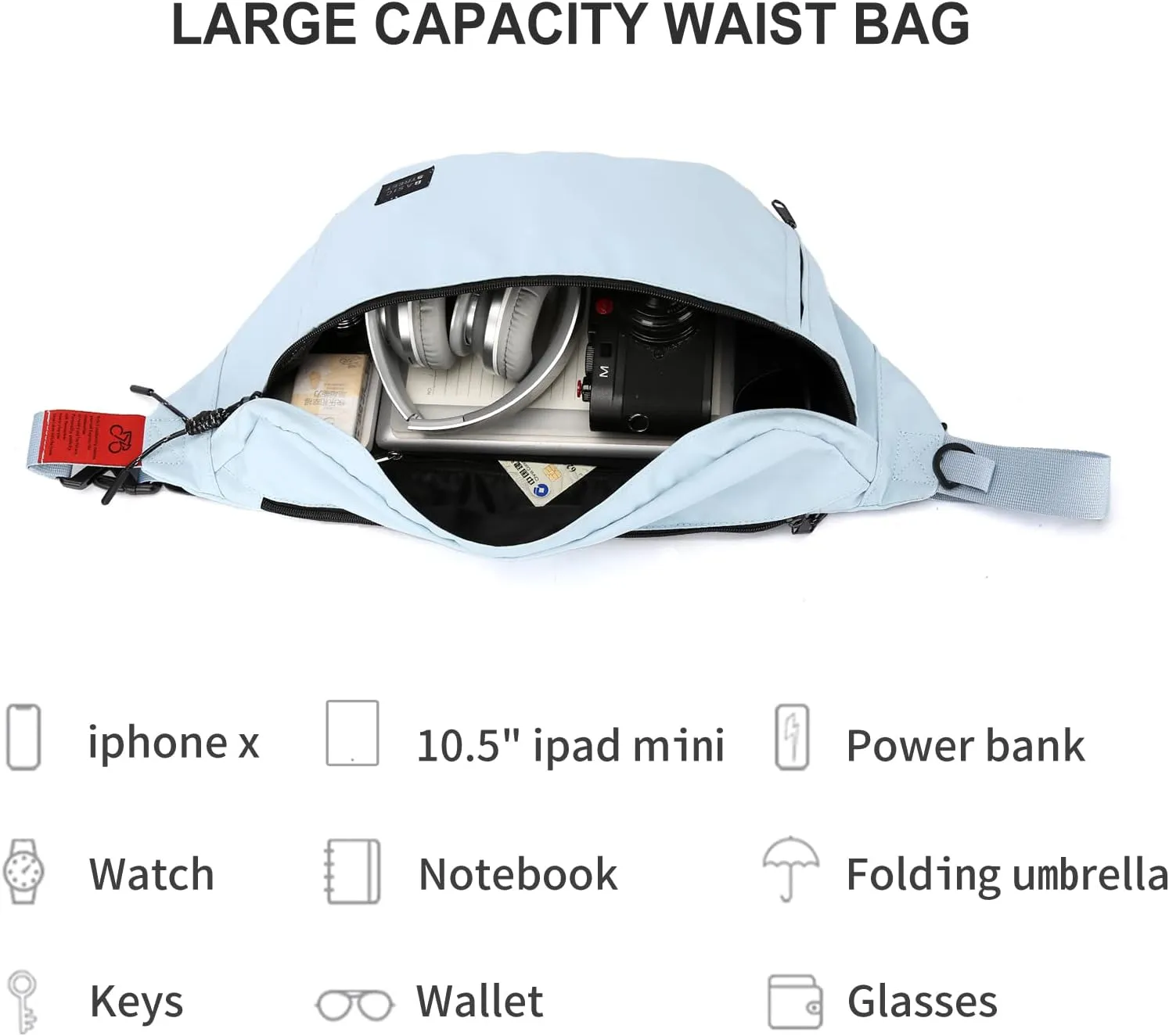 Large Crossbody Fanny Pack for Women Men,Waterproof Waist Bag Pack with Adjustable Strap & 5-Zipper Pockets,Light Blue