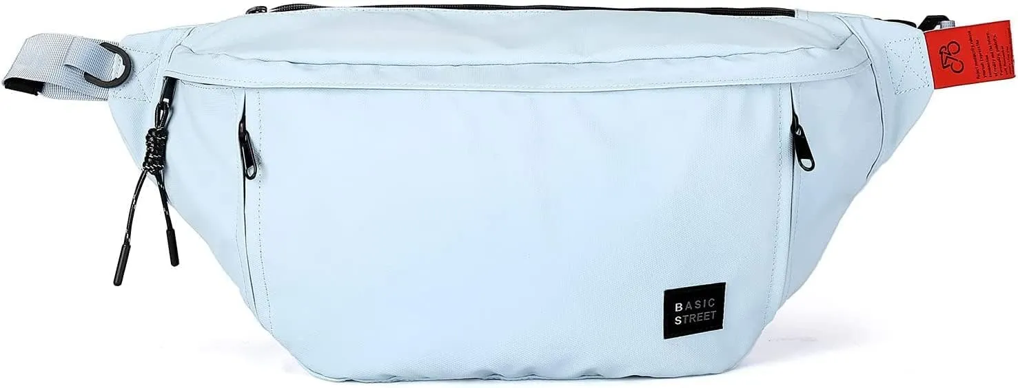Large Crossbody Fanny Pack for Women Men,Waterproof Waist Bag Pack with Adjustable Strap & 5-Zipper Pockets,Light Blue