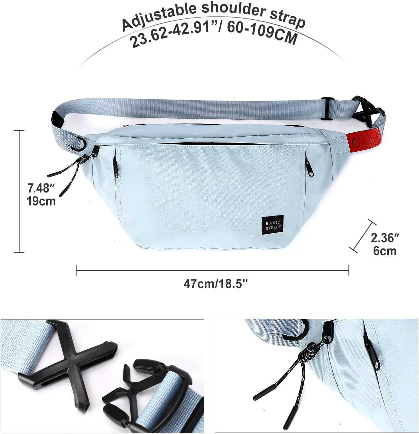 Large Crossbody Fanny Pack for Women Men,Waterproof Waist Bag Pack with Adjustable Strap & 5-Zipper Pockets,Light Blue