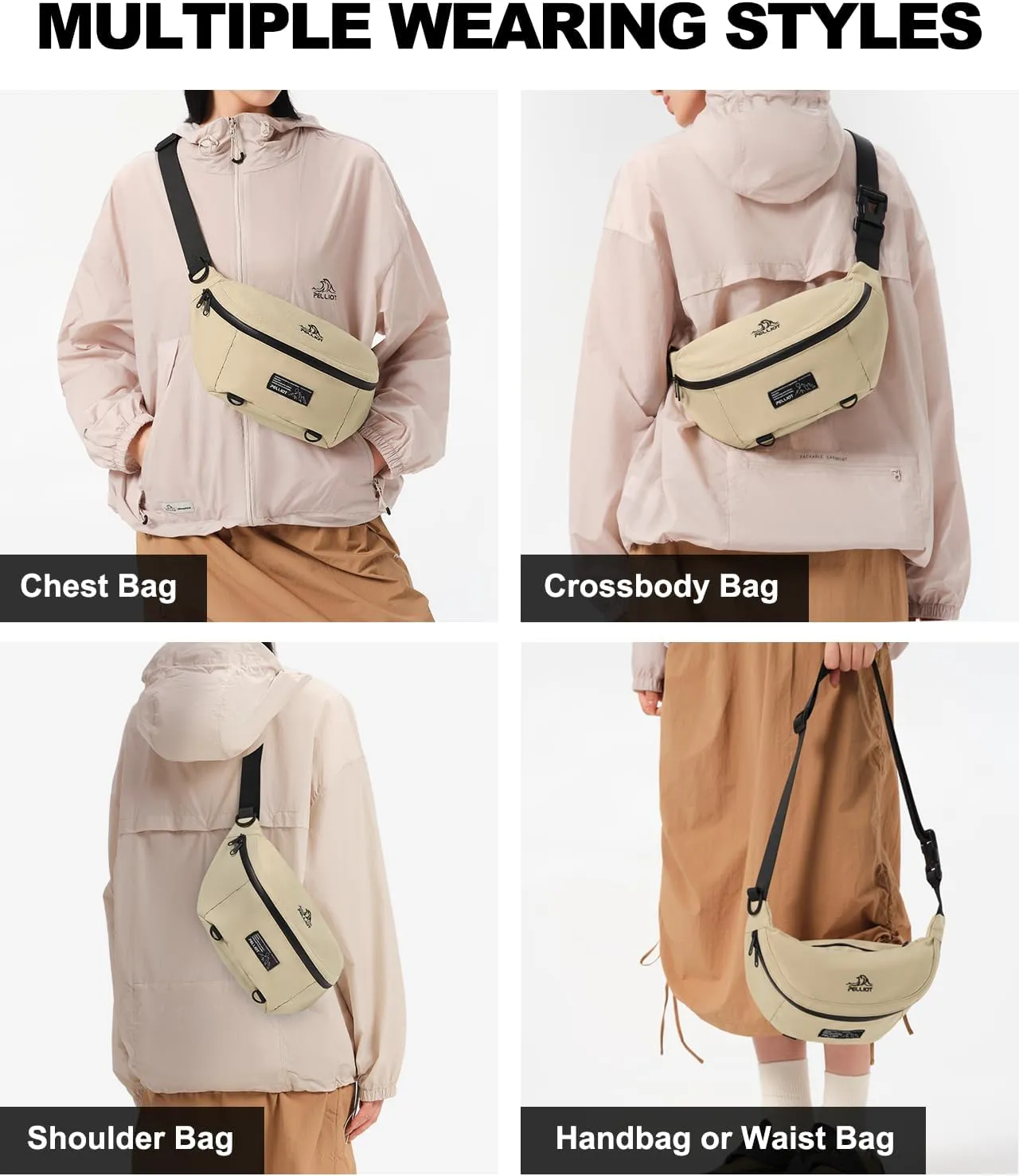 Large Fanny Pack Crossbody Bag Water Repellent Waist Pack Adjustable Belt Bag for Travel Hiking Running Cycling Men Women White