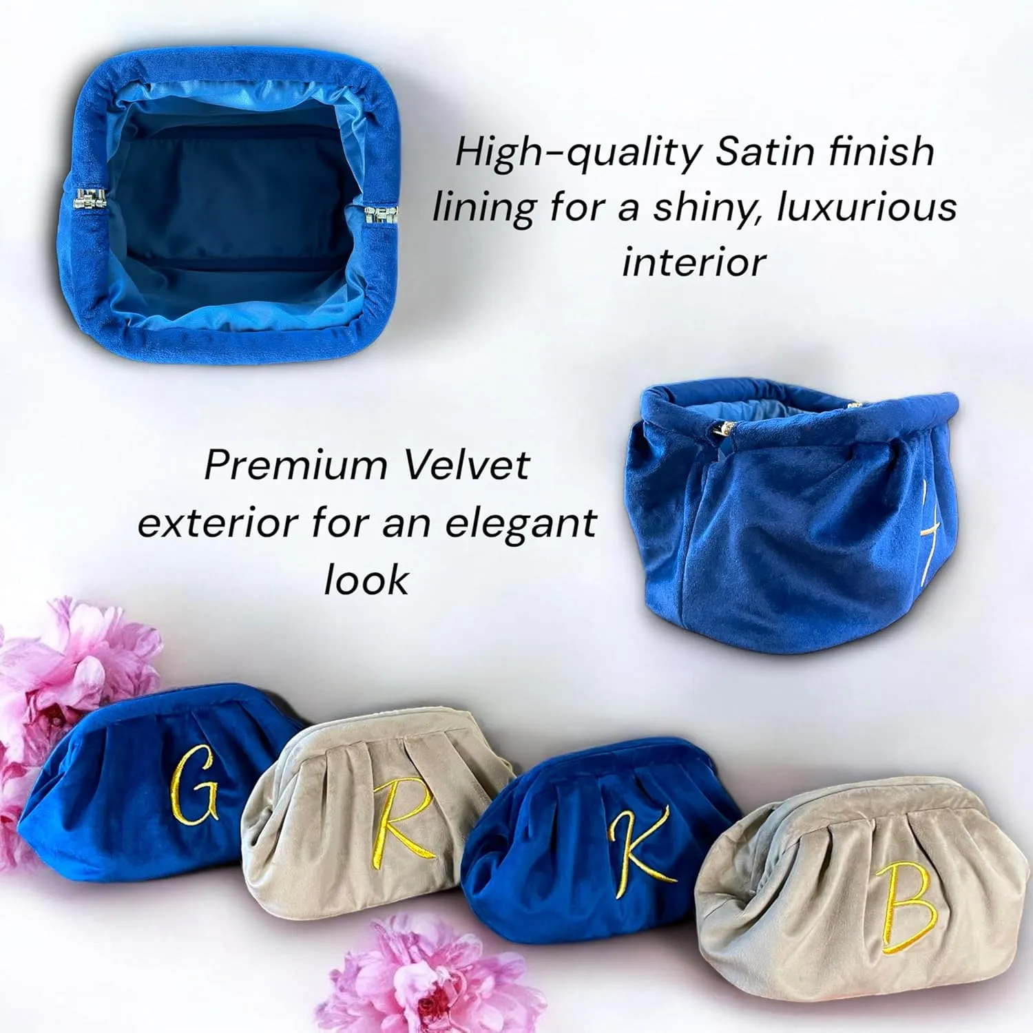 Large Personalized Makeup Bag Velvet Cosmetic Bag with Initials Travel Toiletry Bag Monogrammed Clutch Gift for Women (D, Blue)