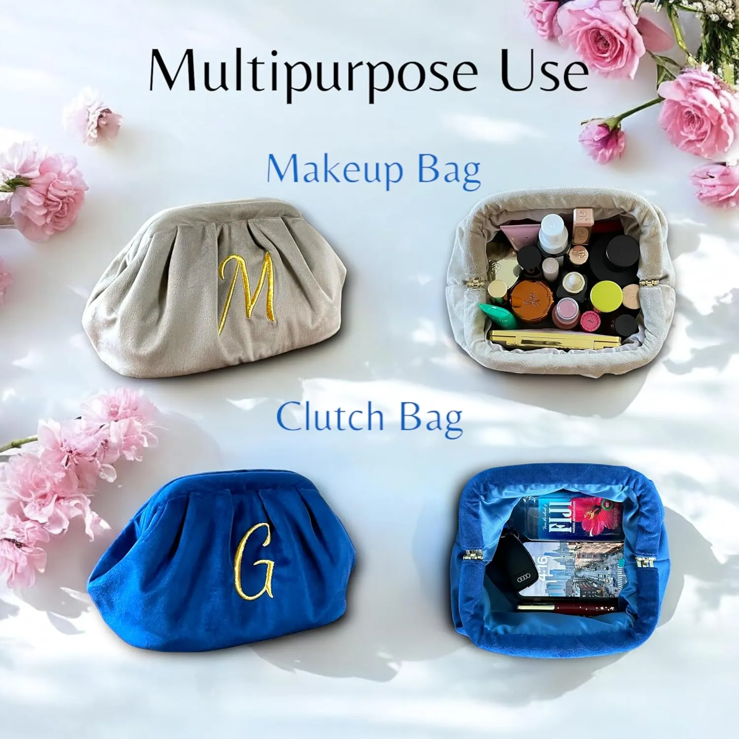 Large Personalized Makeup Bag Velvet Cosmetic Bag with Initials Travel Toiletry Bag Monogrammed Clutch Gift for Women (D, Blue)
