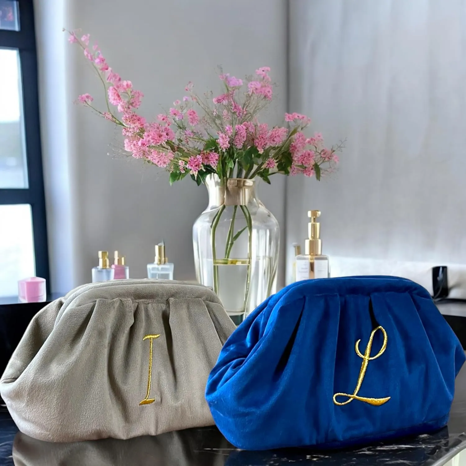 Large Personalized Makeup Bag Velvet Cosmetic Bag with Initials Travel Toiletry Bag Monogrammed Clutch Gift for Women (D, Blue)