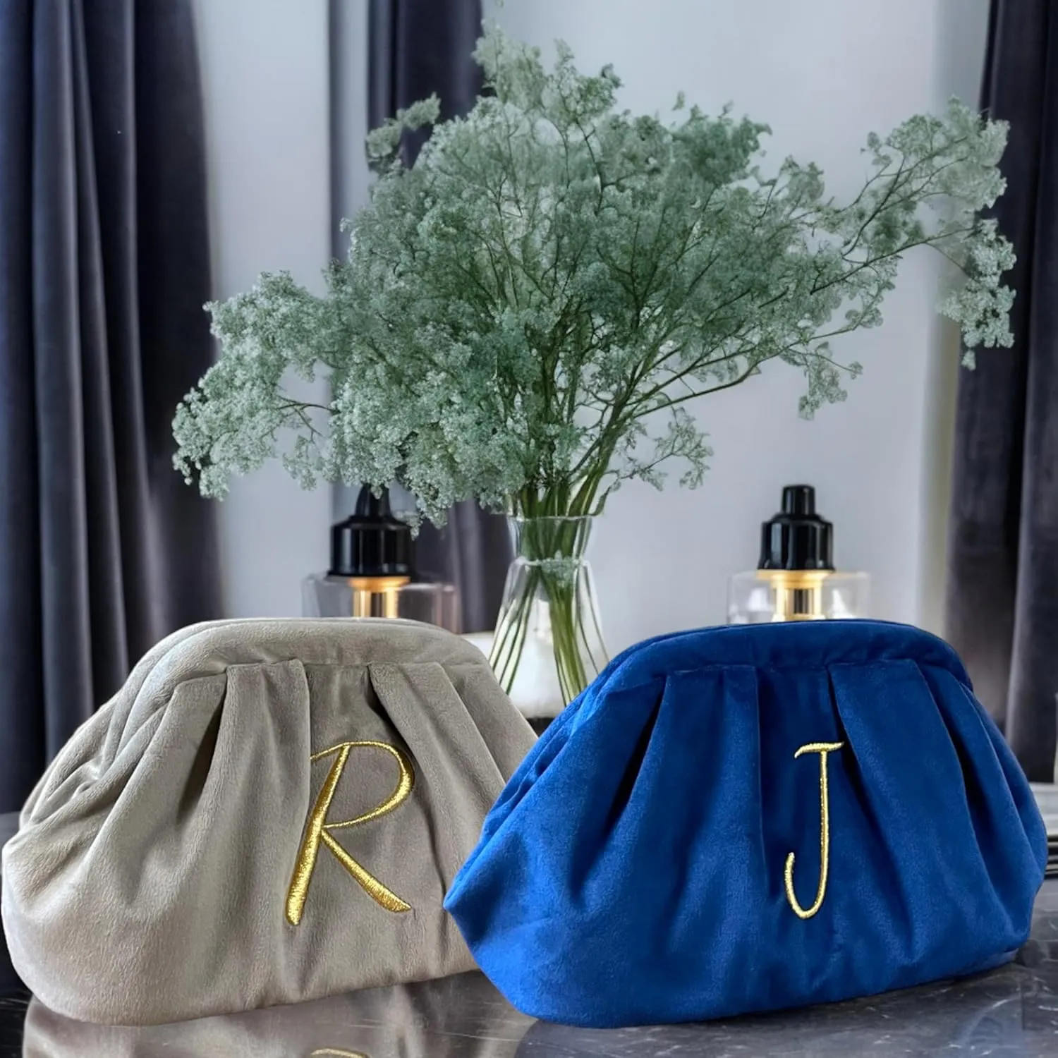 Large Personalized Makeup Bag Velvet Cosmetic Bag with Initials Travel Toiletry Bag Monogrammed Clutch Gift for Women (D, Blue)
