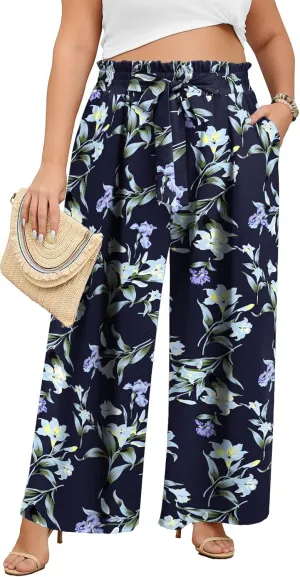 Lastshe Women's Plus Size Pants Wide Leg Work Casual Palazzo Pants Elastic High Waisted Dressy Trousers with Pockets