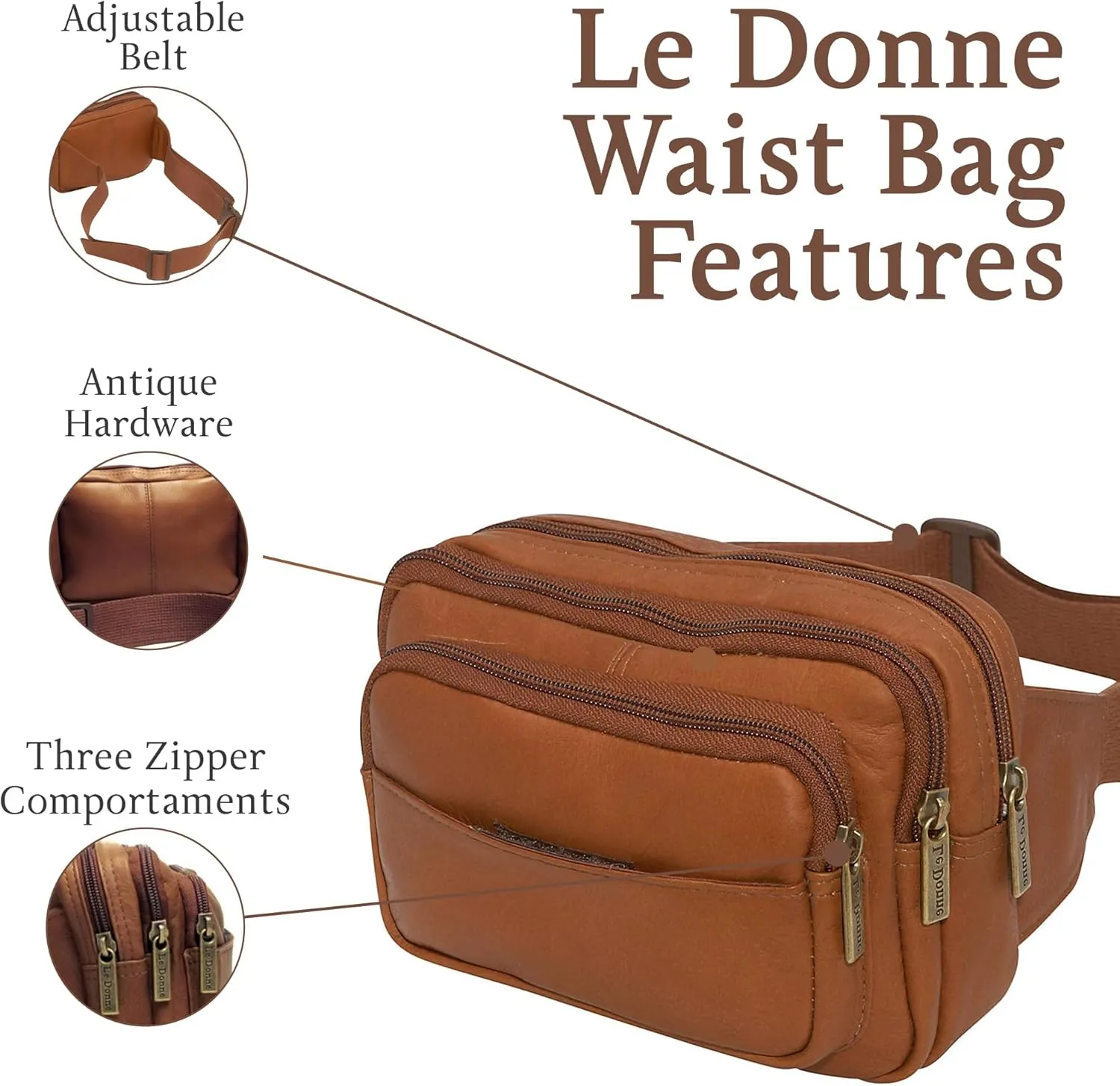 Le Donne Leather Waist Bag - Fashionable & Luxury 4-Compartment Bag - Adjustable Fanny Pack For Men & Women - Essentials For Running, Hiking & Everything Bag(Tan)