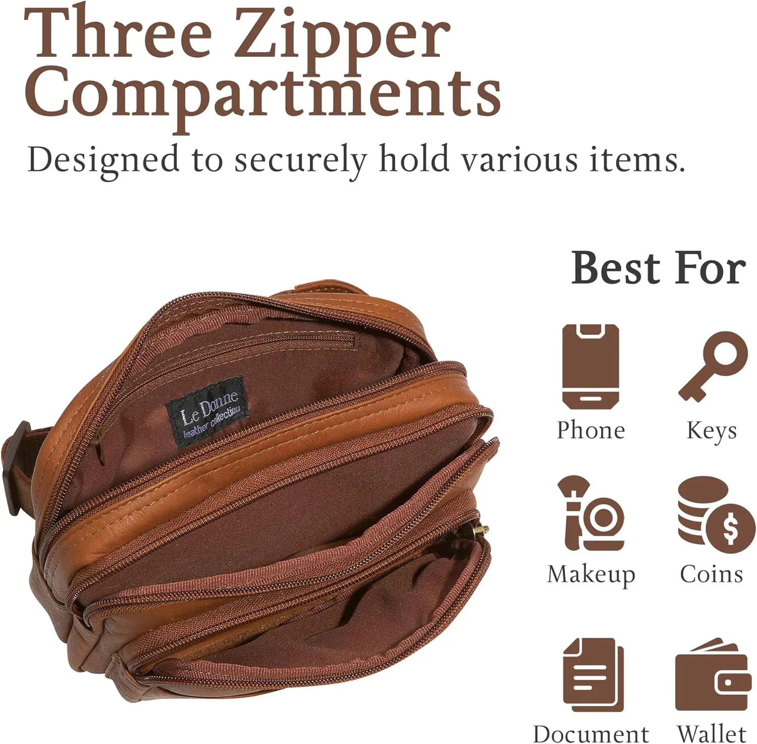 Le Donne Leather Waist Bag - Fashionable & Luxury 4-Compartment Bag - Adjustable Fanny Pack For Men & Women - Essentials For Running, Hiking & Everything Bag(Tan)