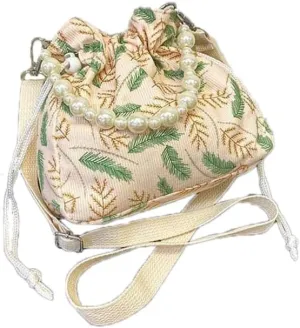 Leadigol Chinese Hanfu Drawstring Crossbody Bag Pearl Handbag Ancient Style Crossbody Bag Velvet Flower Leaf Shoulder Bag Clutch Purses for Weddings Party