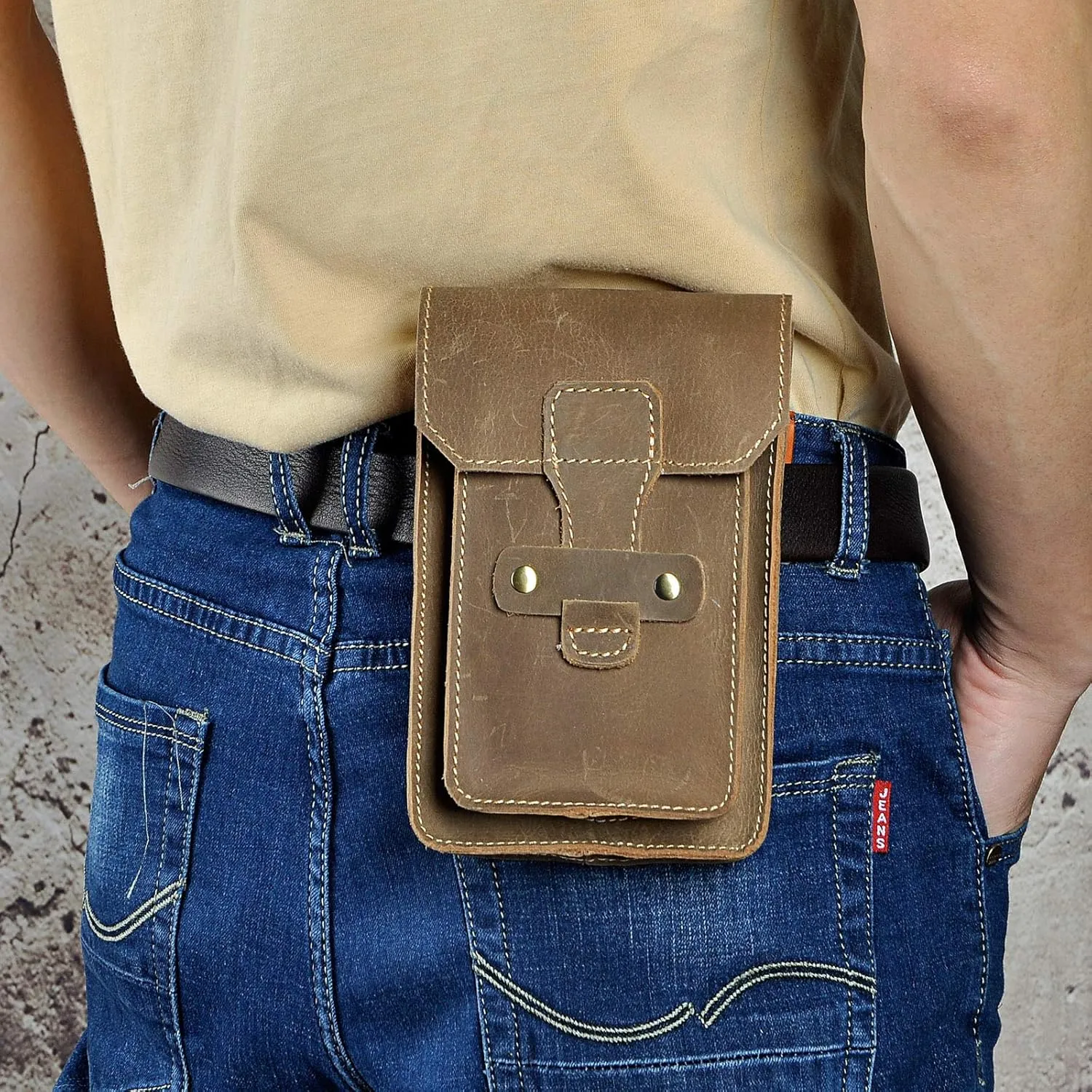 Le'aokuu Men Real Leather Fashion Small Casual Hook Fanny Waist Bag Pack Designer Hip Bum Cigarette Phone Case Pouch (9966 Brown)