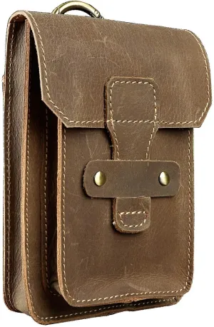 Le'aokuu Men Real Leather Fashion Small Casual Hook Fanny Waist Bag Pack Designer Hip Bum Cigarette Phone Case Pouch (9966 Brown)