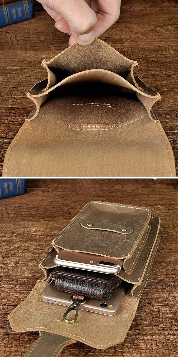 Le'aokuu Men Real Leather Fashion Small Casual Hook Fanny Waist Bag Pack Designer Hip Bum Cigarette Phone Case Pouch (9966 Brown)
