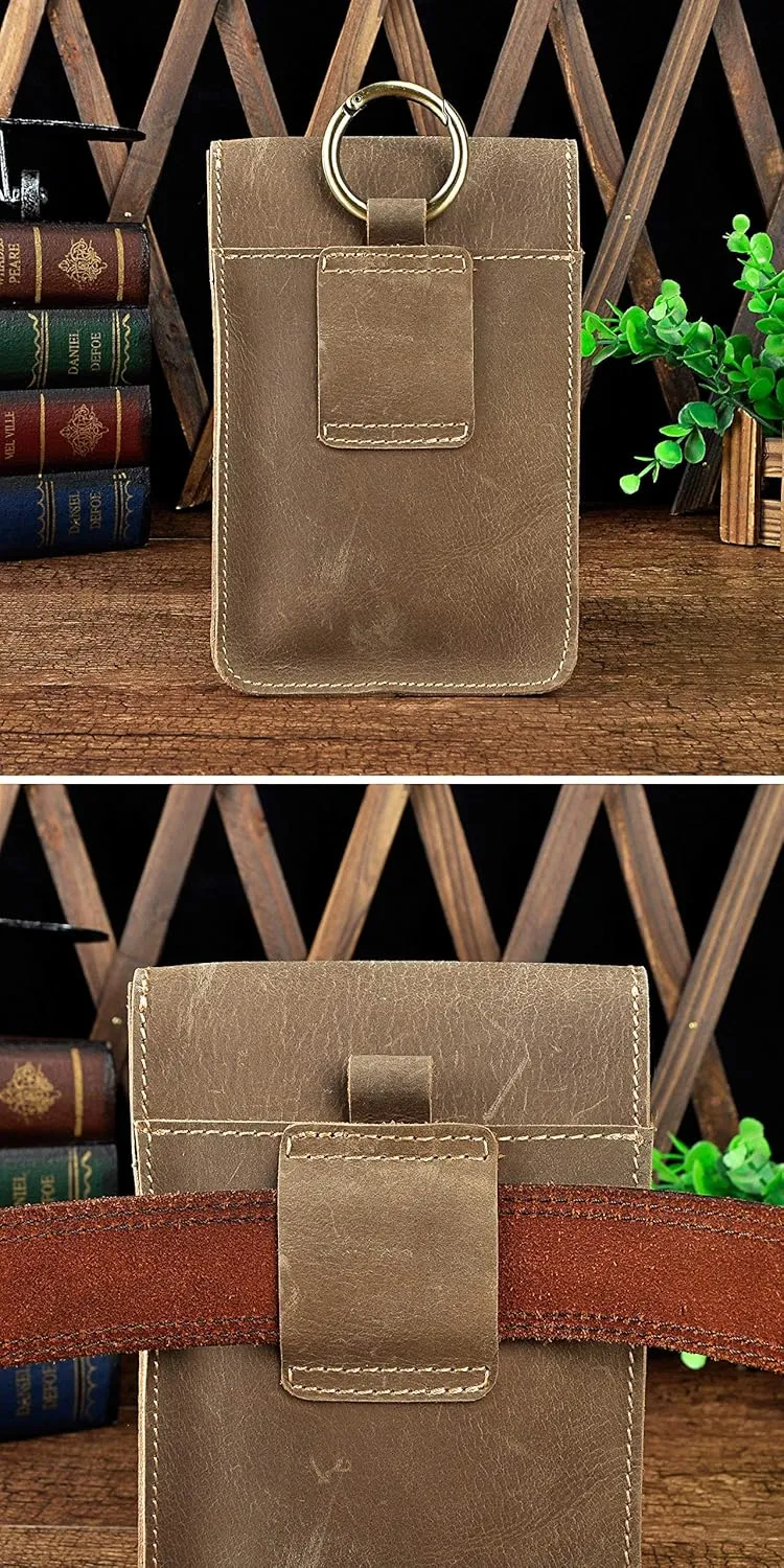 Le'aokuu Men Real Leather Fashion Small Casual Hook Fanny Waist Bag Pack Designer Hip Bum Cigarette Phone Case Pouch (9966 Brown)