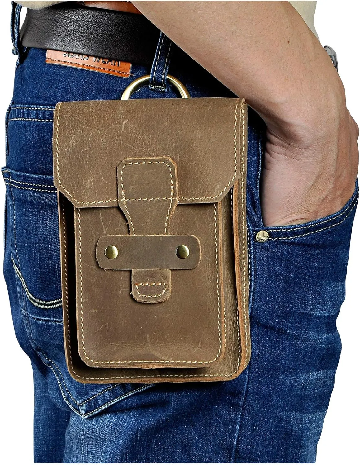 Le'aokuu Men Real Leather Fashion Small Casual Hook Fanny Waist Bag Pack Designer Hip Bum Cigarette Phone Case Pouch (9966 Brown)