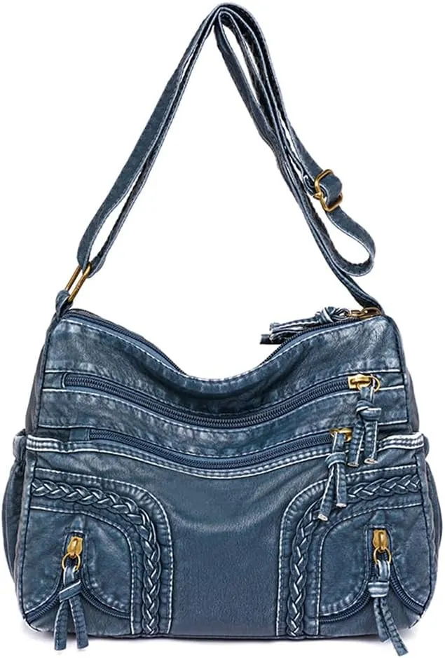 Leather Denim Purses for Women Jean Purse Denim Crossbody Shoulder Bag Tote Handbag Casual Hobo Bag