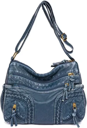 Leather Denim Purses for Women Jean Purse Denim Crossbody Shoulder Bag Tote Handbag Casual Hobo Bag