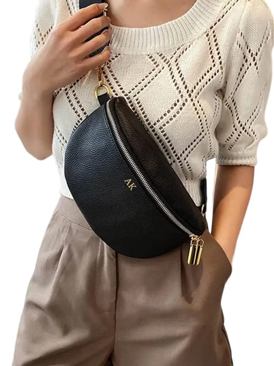 Leather Fanny Pack Crossbody Bags for Women Trendy Sling Bag for Women Small Crossbody Bags for Women Vacation Essentials Handbags Crossbody Purse Belt Bag Travel Backpack (Black Personalized)
