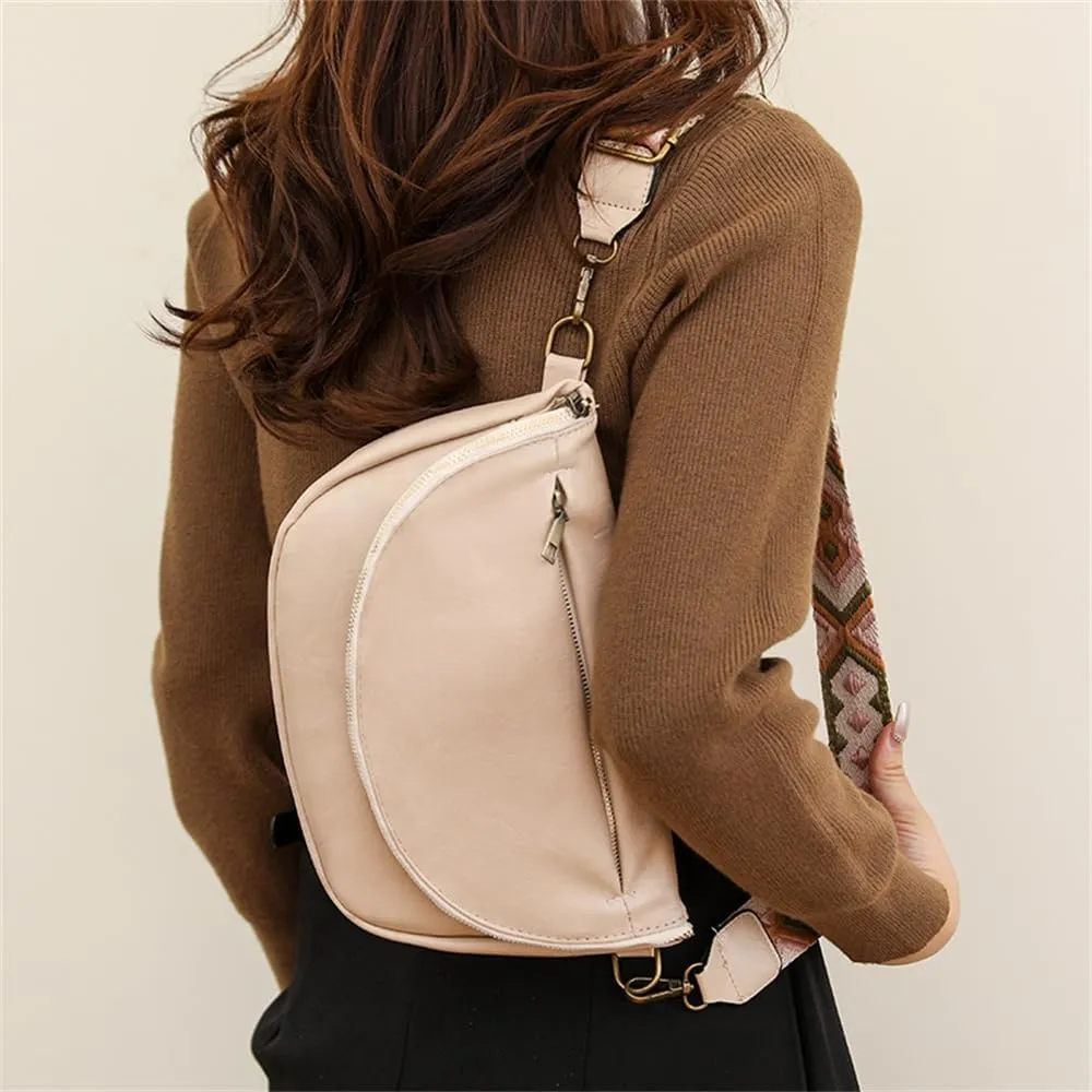 Leather Fanny Pack Crossbody Sling Bags for Women Vintage Shoulder Chest Bag with Guitar Strap Designer Waist Belt Bag (Beige)