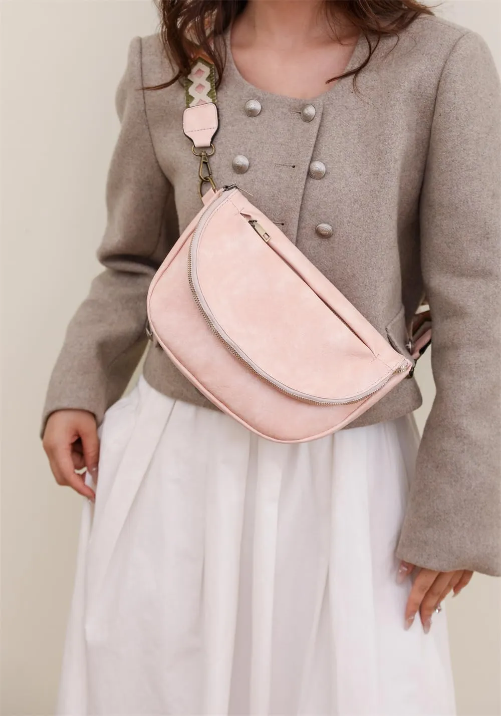 Leather Fanny Pack Crossbody Sling Bags for Women Vintage Shoulder Chest Bag with Guitar Strap Designer Waist Belt Bag (Beige)
