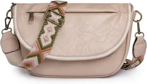Leather Fanny Pack Crossbody Sling Bags for Women Vintage Shoulder Chest Bag with Guitar Strap Designer Waist Belt Bag (Beige)
