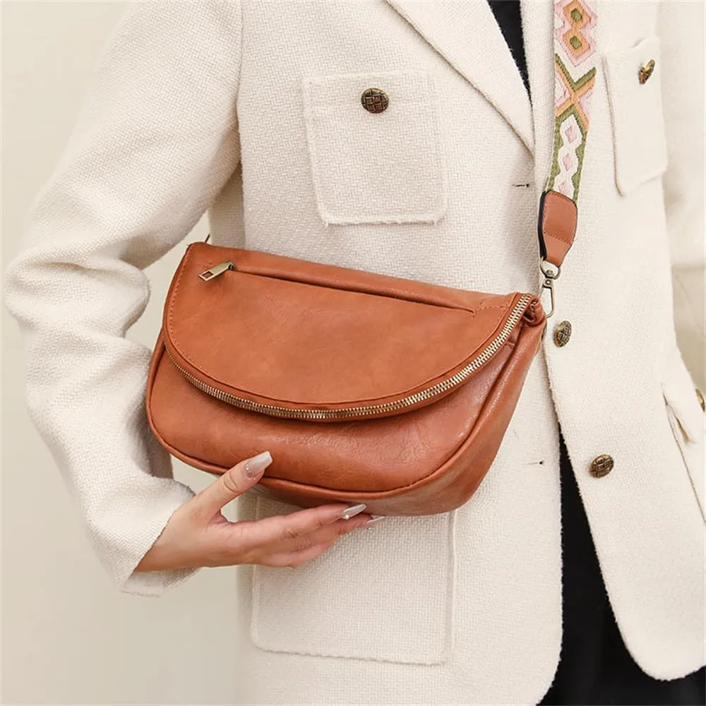 Leather Fanny Pack Crossbody Sling Bags for Women Vintage Shoulder Chest Bag with Guitar Strap Designer Waist Belt Bag (Brown)