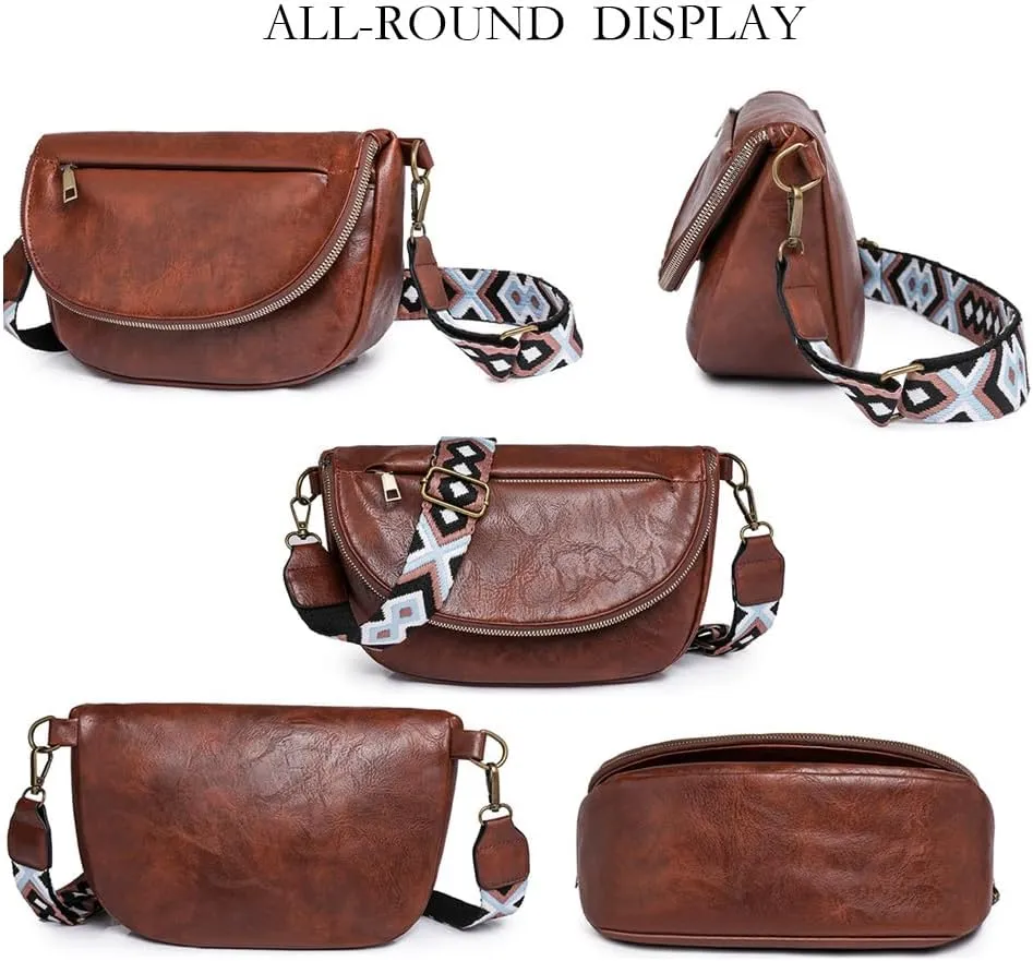 Leather Fanny Pack Crossbody Sling Bags for Women Vintage Shoulder Chest Bag with Guitar Strap Designer Waist Belt Bag (Brown)