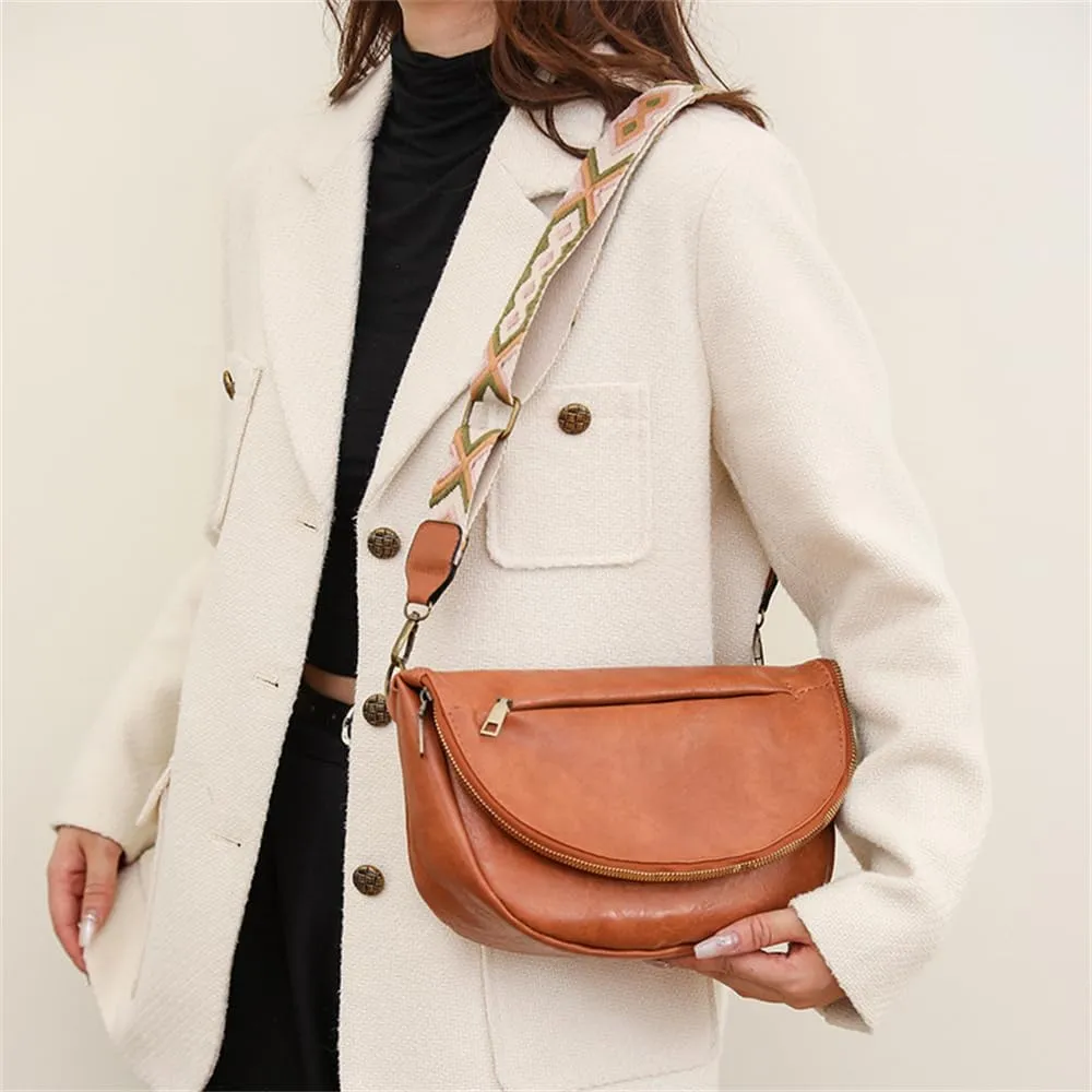 Leather Fanny Pack Crossbody Sling Bags for Women Vintage Shoulder Chest Bag with Guitar Strap Designer Waist Belt Bag (Brown)